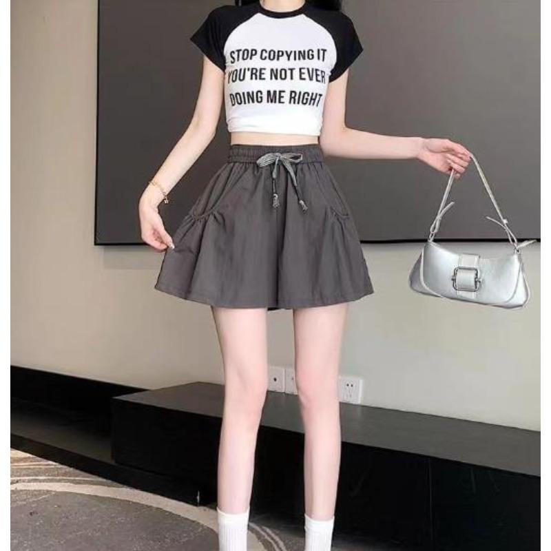 Women's Summer Thin Skirt Yoga Pants Ice Silk Wide Leg Shorts Solid Color Pocket Lace Up Short Pants