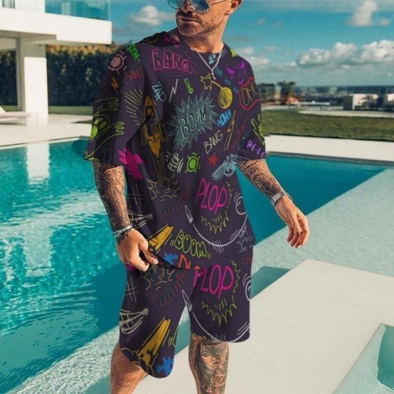 Men's Fashion Geometric Pattern Short-sleeve and Shorts Set Casual Loose Two-piece Outfit