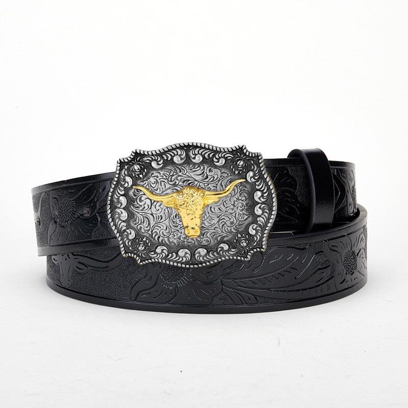 Men's Bull Head Western Leather Belt with Large Buckle