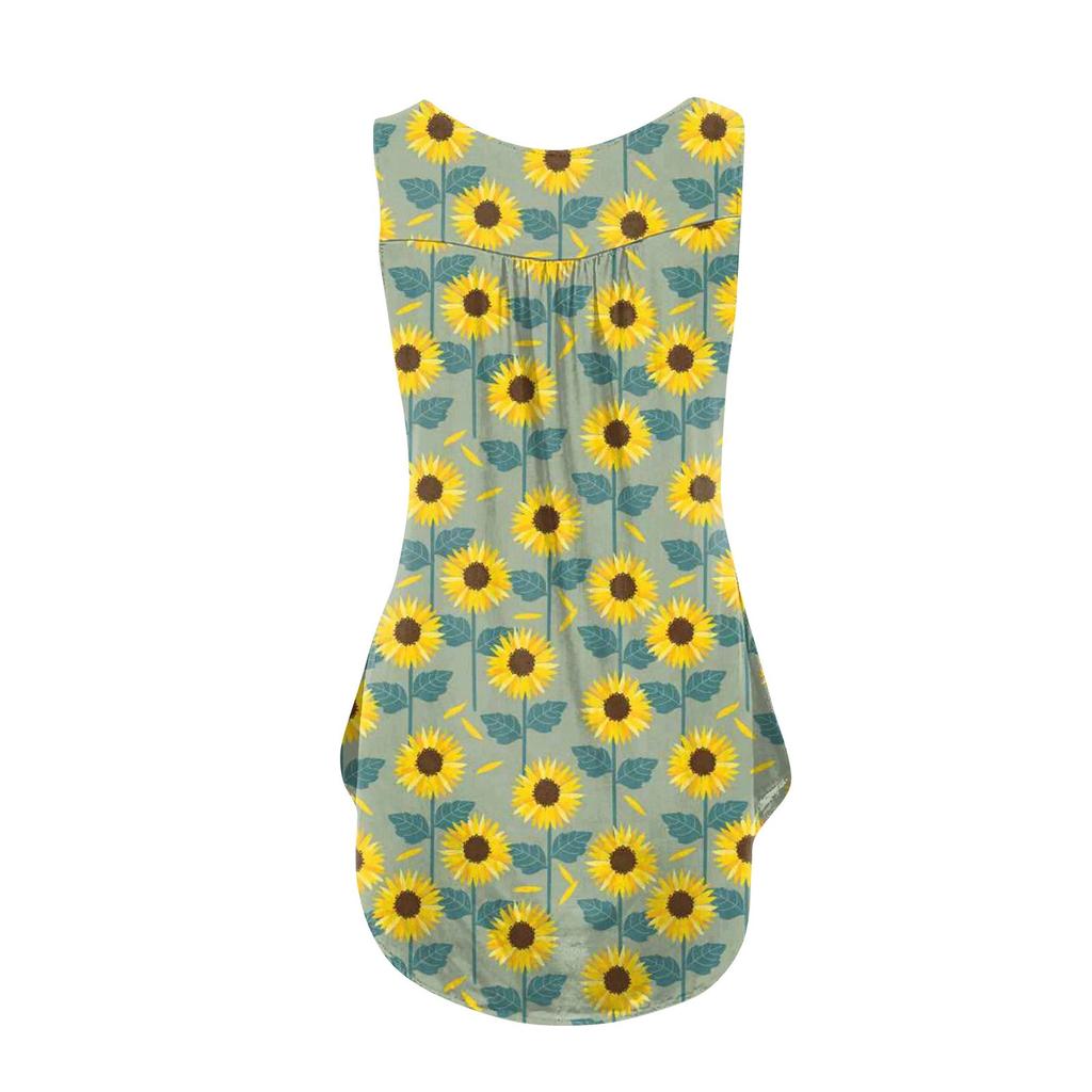 Women's Fashion Floral Printing Pleated Sleeveless Casual T-shirt Vest Button Top