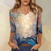 Women's Tops Three-quarter Sleeve Shirt V-neck Loose Casual Shirt Print T-shirt