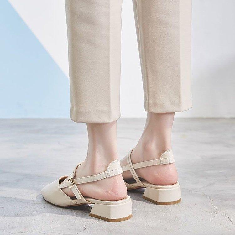 Baotou Sandals Summer Middle Heel New Student Fairy Style Retro Thick Heel One Word with Single Shoes