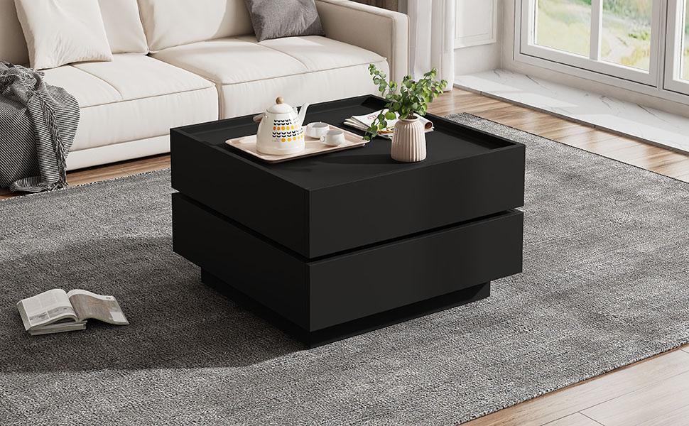 Functional Coffee Table for the Living Room, 360 degrees Rotatable, Rotating Tabletop with 2 Shelves and Storage Space, Side Table Frame Black
