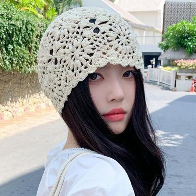Thin Hollowed Out Beanie Cap Bohemian Style Knit Cap Sweet Crochet Flower Knitted Hat  Outdoor