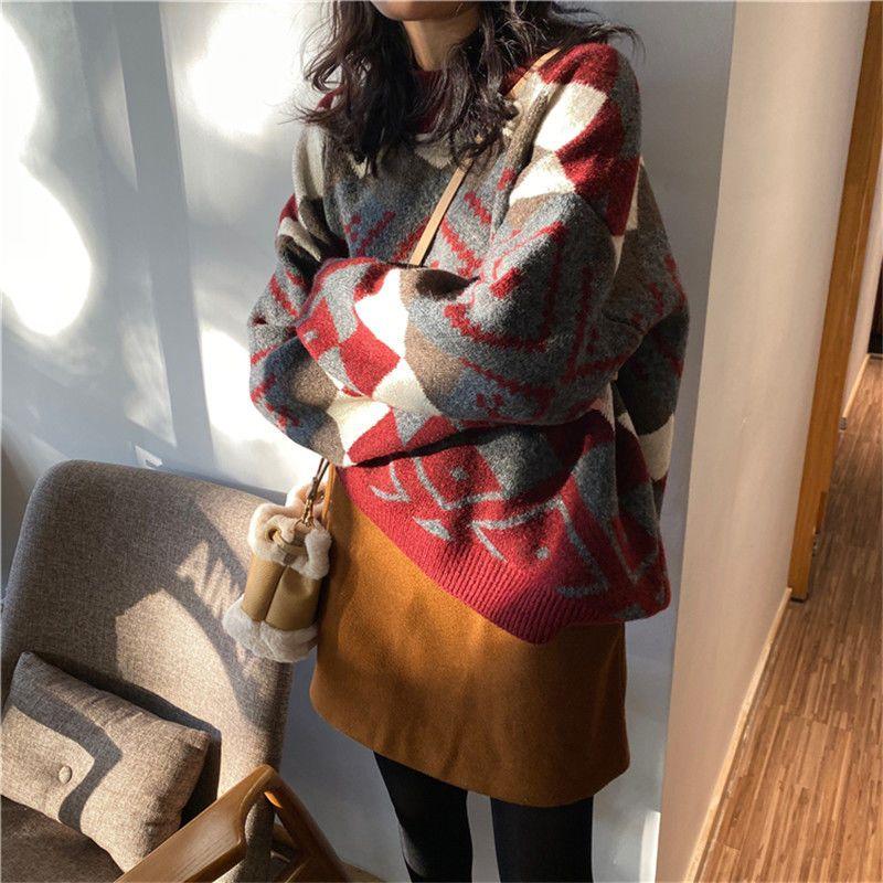 Half High Collar Women's Pullover Sweater Autumn and Winter Loose Diamond Grid Long Sleeved Knitted Sweater