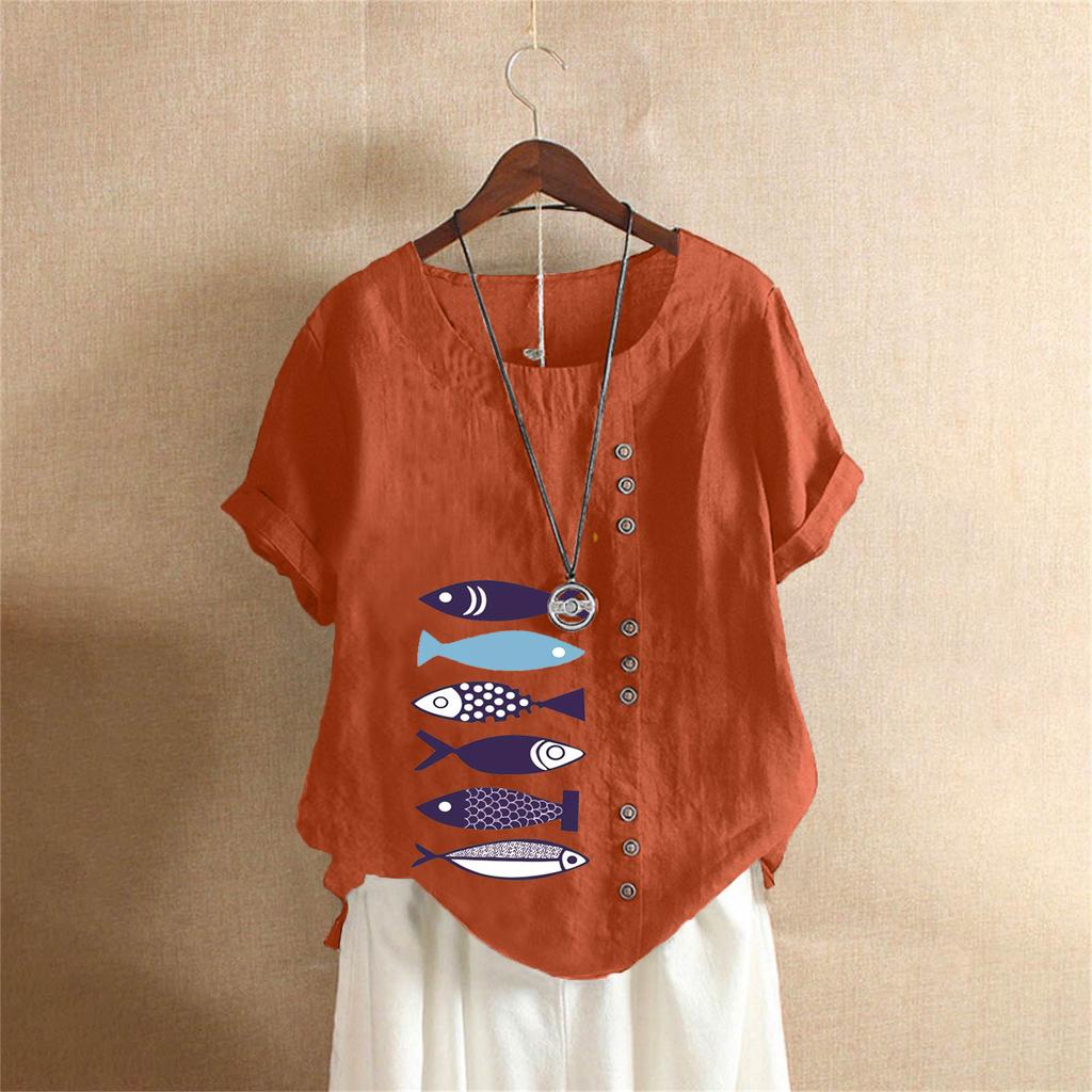 T-shirt Estiva Oversize in Cotone e Lino a Maniche Corte, Abbigliamento Donna Oversize Stampato in Cotone e Lino