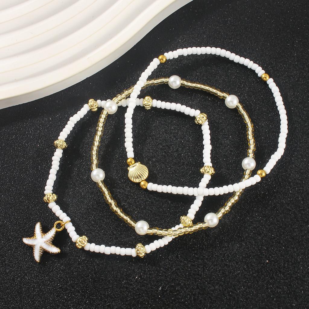 Summer Bohemian Triple Layered Ankle Chain Fashion Starfish Shell Pendant Handmade Seed Beads Women's Beach Party Foot Zircon
