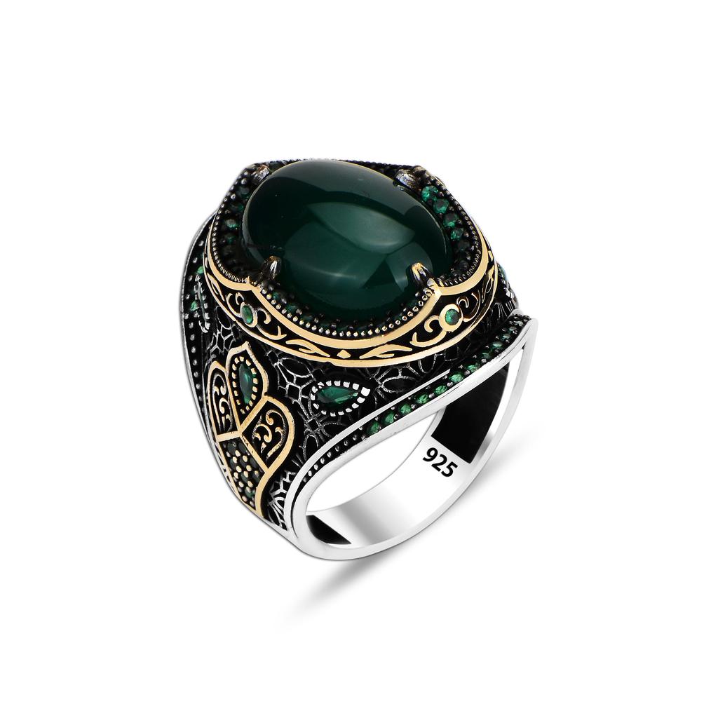 Bague pour hommes en argent en pierre de jade 925K, design ottoman