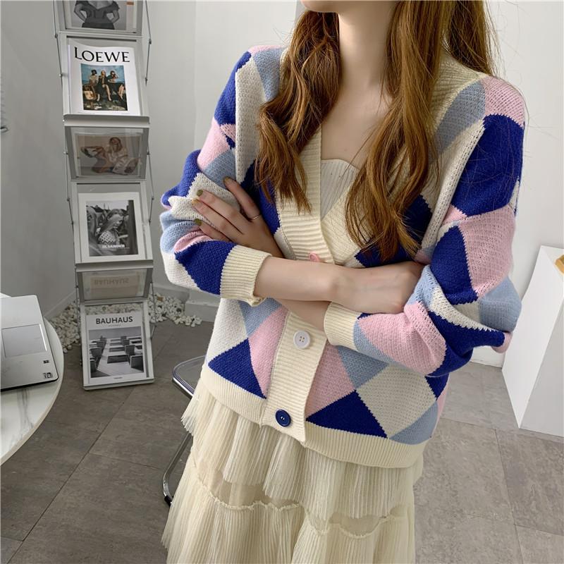 Rhombus sweater women's design sense casual lazy style fashion contrasting color v-neck knitted cardigan women's autumn new