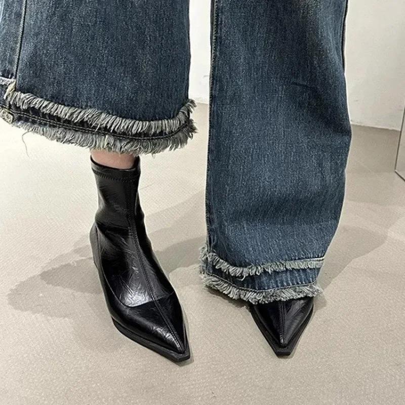 

Женские ботильоны из натуральной кожи с застежкой-молнией, толстый каблук, острый носок, осенне-зимние ботинки на высоком каблуке, размер обуви 35 чёрный