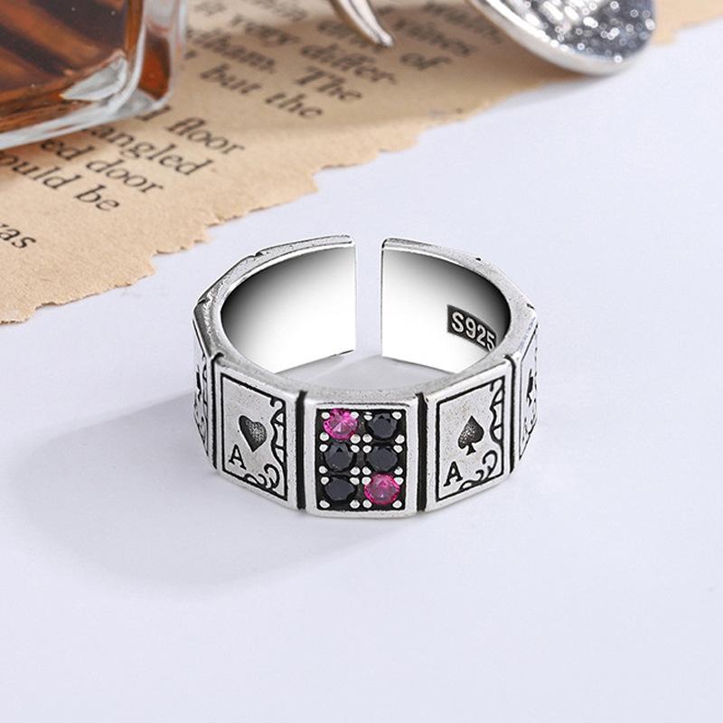 Exaggerated Personality Poker Design Shiny Crystal Retro Thai Silver Ladies Ring for Women Christmas Gifts No Fade