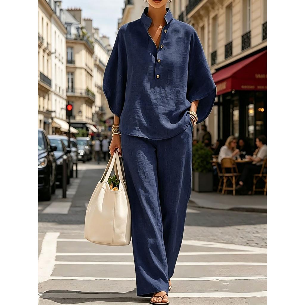 Women's Loose Fit Stand Collar Three Quarter Sleeve Linen Blend Two Piece Pant Set