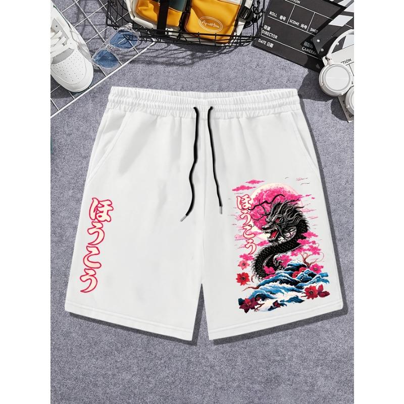 Men's Color-block Printed Shorts with Dragon and Letter Patterns, Featuring A Drawstrin Summer Street Fashion Shorts