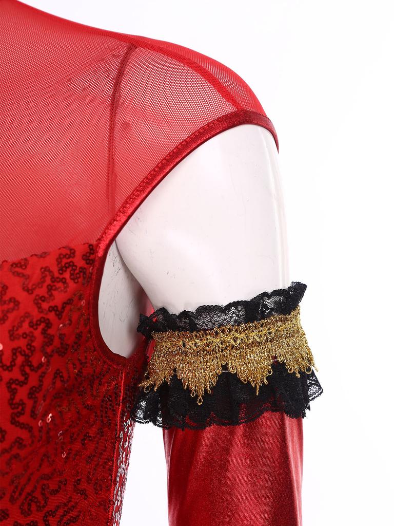 Adult Circus Ringmaster Bodysuit Sequined Patchwork Ruffled Hem Leotard and Metallic Gloves for Halloween Dress Up Party