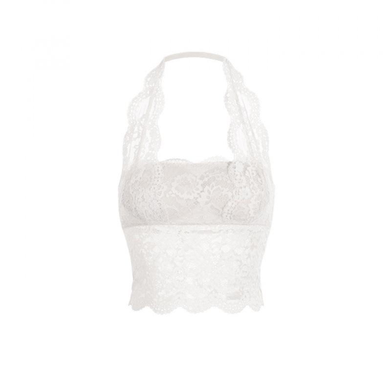 Women's Halter Neck Lace Camisole with Built-in Pads - Backless Underwear Base Layer Top
