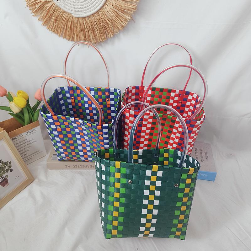 Children's Rainbow Plaid Woven Handbag - DIY Summer Bag for Vegetables & Fruits