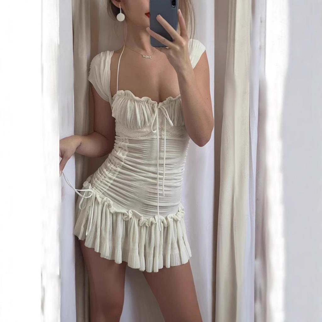 Women's Autumn Fashionable and Sexy French Low-cut Square Neck with Neck Strap Design Short-sleeved Dress