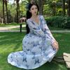Women's Summer French V-neck Blue Floral Long Sleeve Chiffon Dress