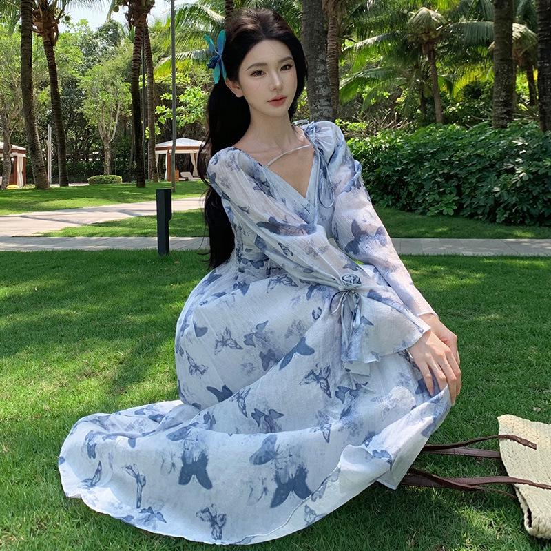 Women's Summer French V-neck Blue Floral Long Sleeve Chiffon Dress
