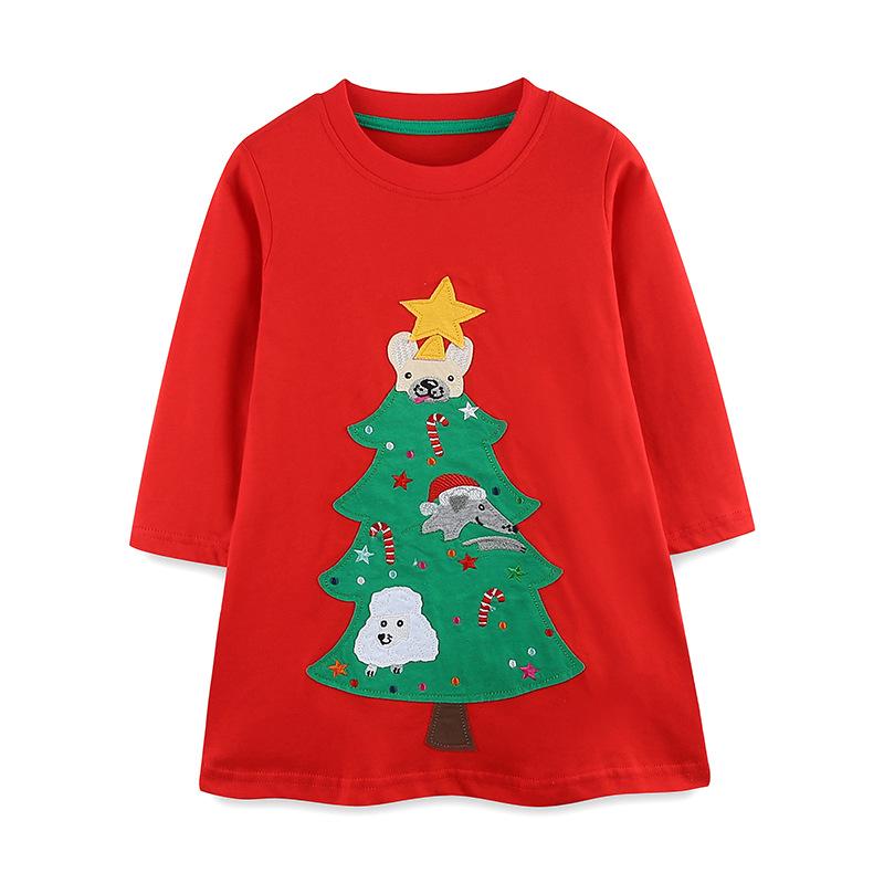 

European Style Girls Autumn Princess Dress with Christmas Embroidery - Knitted Cotton Long Dress for Small & Medium Children 2Y (90cm)
