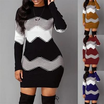 Women's Bodycon Knit Dress Mid-Length Printed Sweater Dress Round Neck Long Sleeves Bag Hip Bottoming Short Skirt Fall Winter