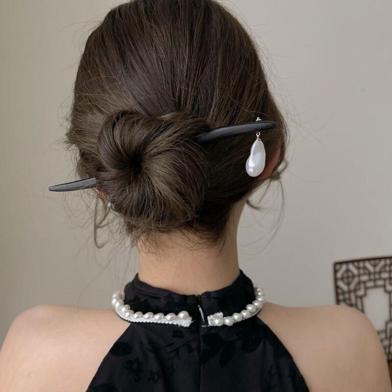 Antique Wood Hairpins Female New Chinese Simple Geometric Black Hair Sticks Hair Clips For Women Hair Accessories Pearl Headwear