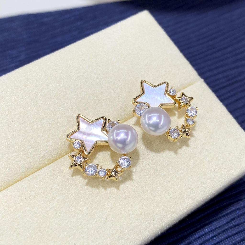 Natural Freshwater Mother-of-Pearl Star Hoop Earrings with S925 Silver Studs for Women