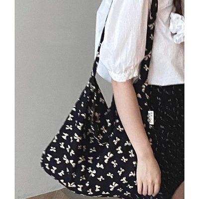 Floral Canvas Bag Women's Summer Tote Bag Ins Bow Bucket Bag