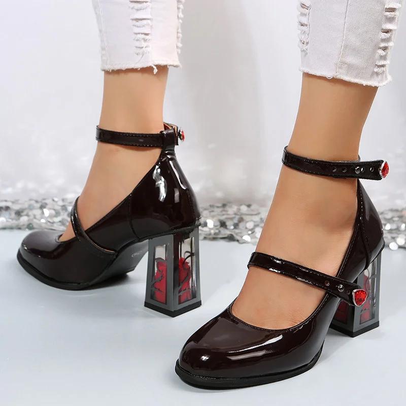 7CM Fashion Burgundy Platform Pumps Women High Heels Buckle Strap Mary Jane Shoes Lady Goth Heeled for Party 18 Girls' Gifts