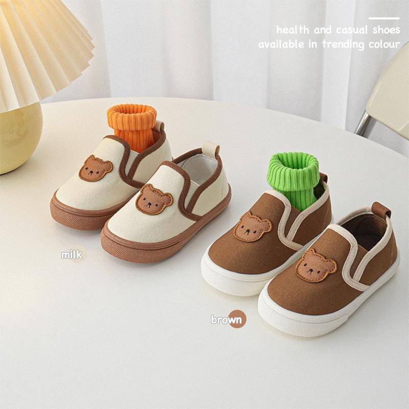 Children Canvas Shoes Girls Cute Cartoon Bear Print Casual Shoes Boys Slipon Soft Sole Sneakers Size