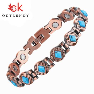 Pulsera magnética de cobre para terapia magnética con gema Natural, pulsera magnética de cobre Vintage para mujer, pulsera de cadena