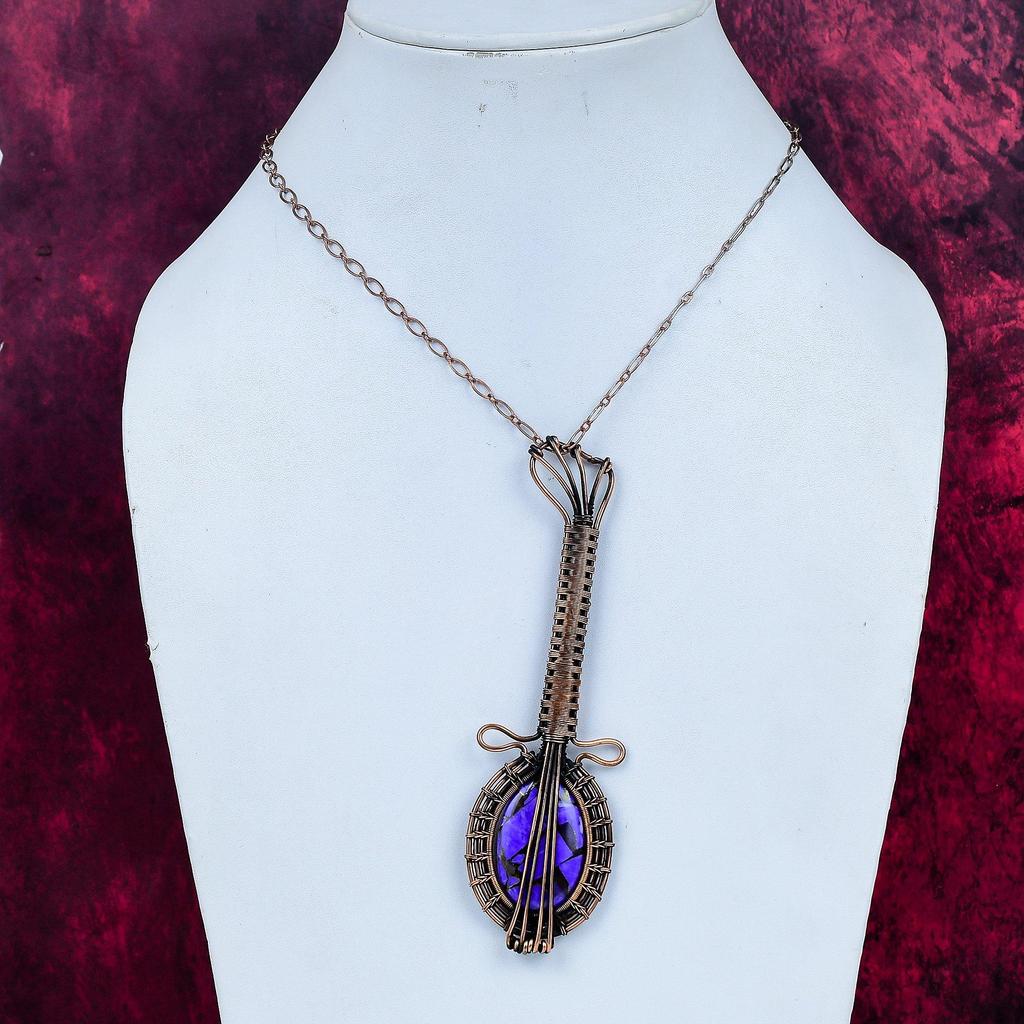 Copper Charoite Real Gemstone Pendant Guitar Pendant Copper Wire Wrapped Jewelry