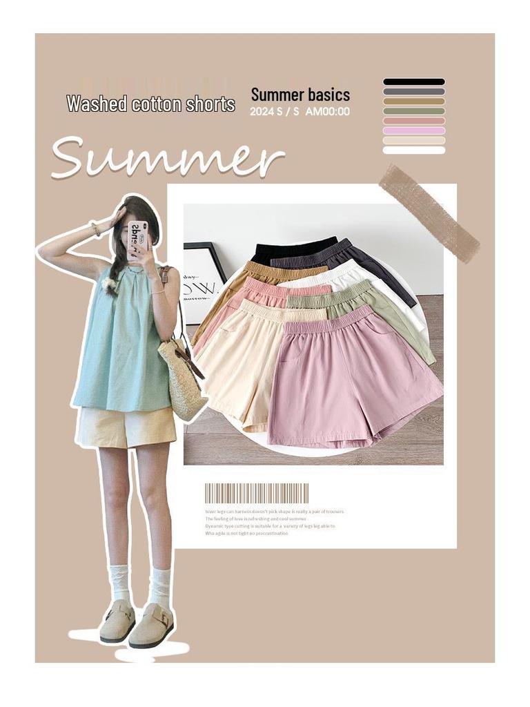 Women's Apricot High-Waist Cotton Linen Cargo Shorts - Summer 2025 Collection: Casual Wide-Leg Mid-Length Design