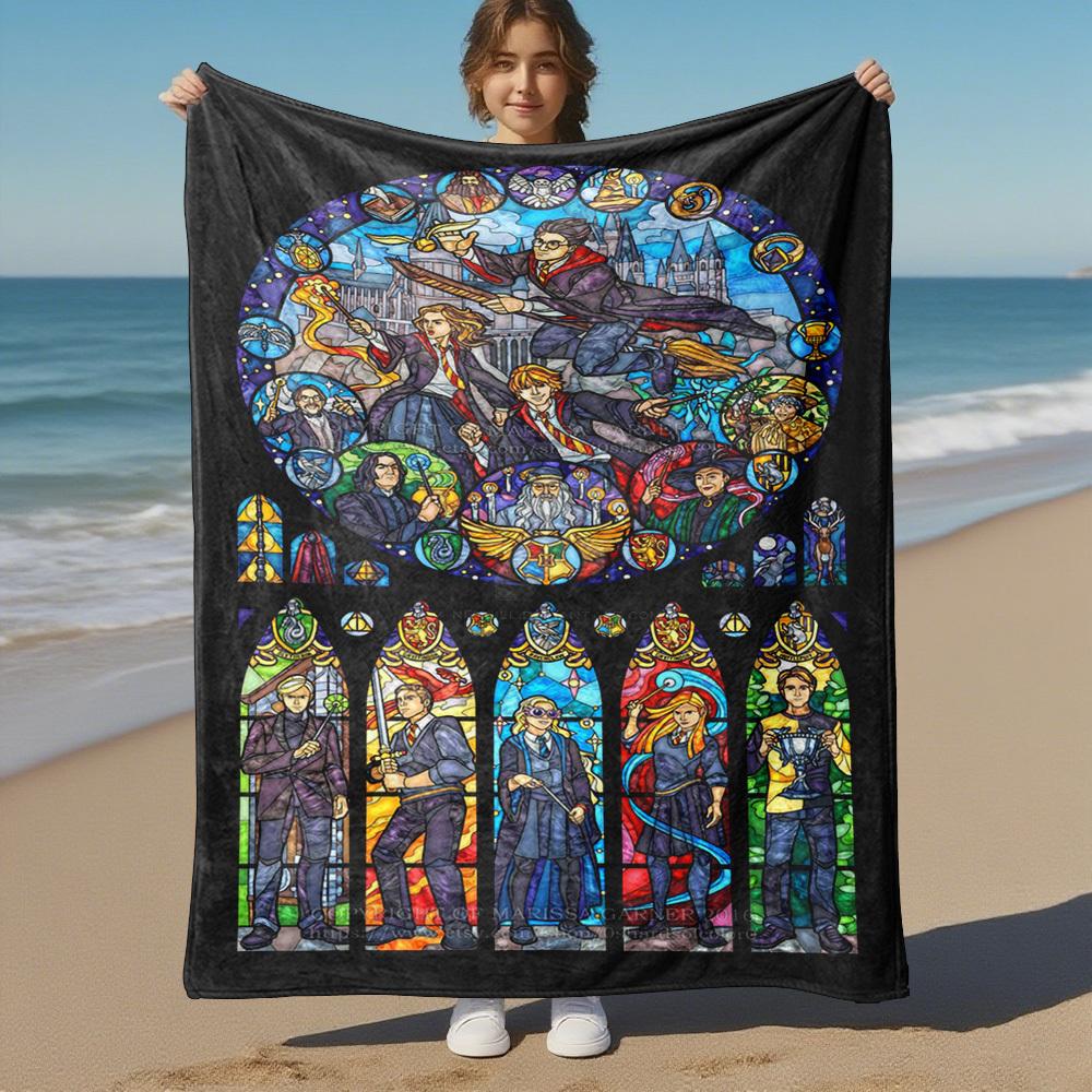 1pc Hogwarts Harry Potter Stained Glass Outdoor Flannel Throw Blanket All Season Soft Warmth,Home Decor 1031206