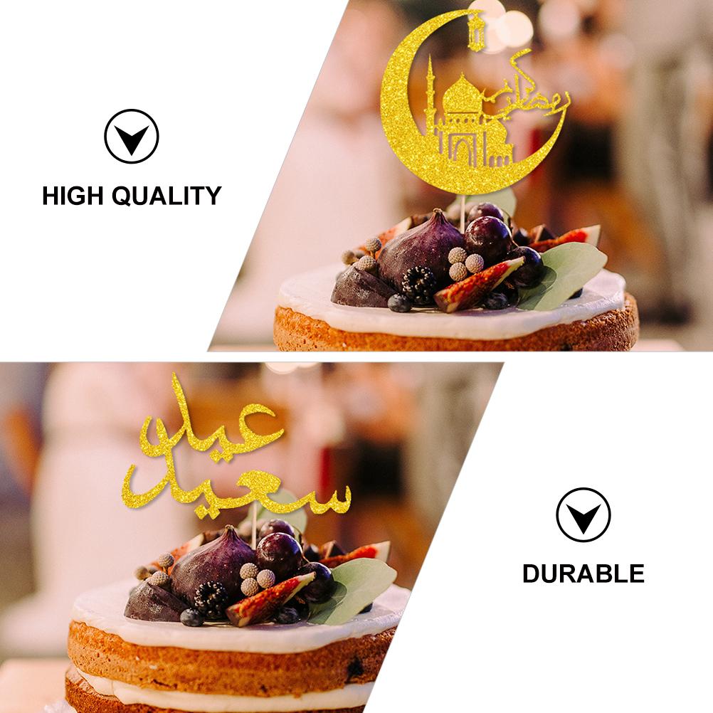 4 Pcs Card for Eid -Fitr Moon Cake Picks Toppers Insert Wooden Stick Decor Party Flags Dessert