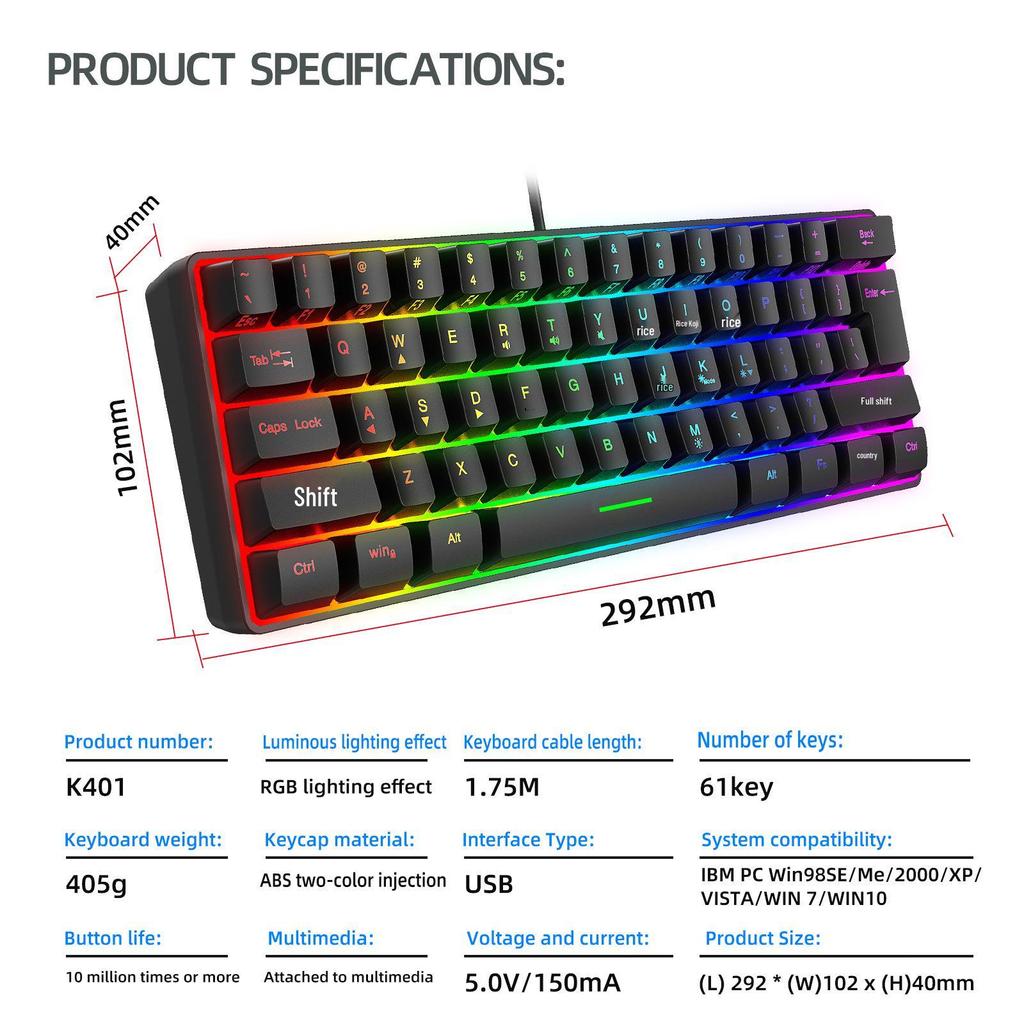 K401 Wired Gaming 61-Key Compact Keyboard