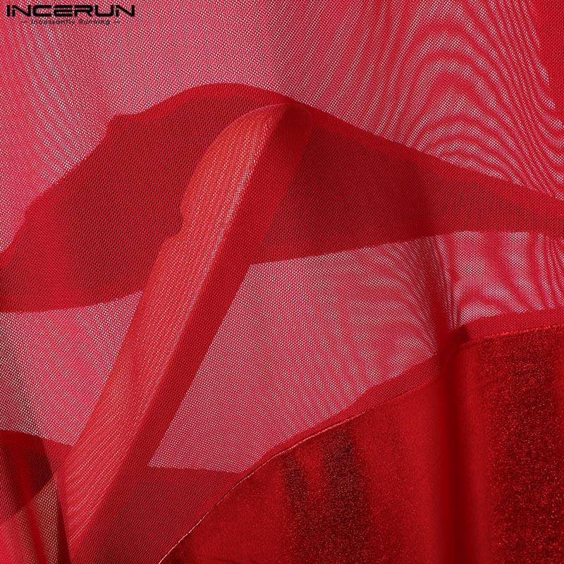 INCERUN Men Long Sleeve Glitter Patchwork Mesh Sheer See Through Leotard Jumpsuits