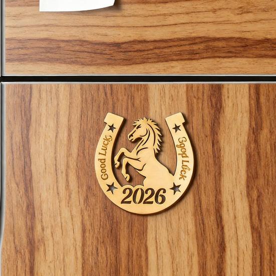 1/2/3Pcs 2026 Year of The Horse Fridge Magnet Rustic Wooden Auspicious Horseshoe Fridge Magnet Chinese New Year Home Office Kitchen Decoration