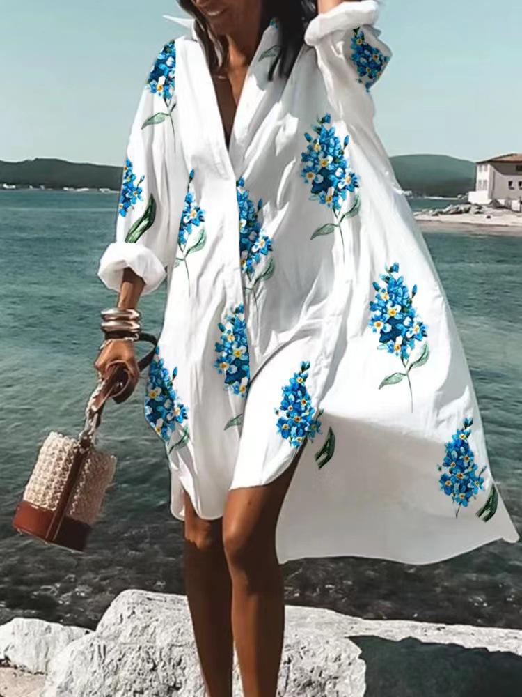 Trendy 3D Floral Print Lapel Long Sleeve Dress