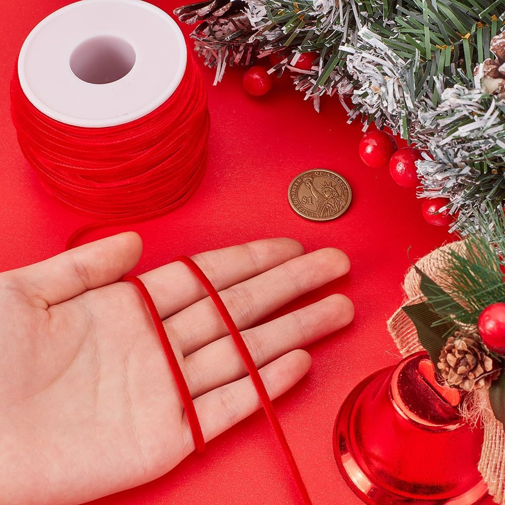 1/8 Inch Thin Velvet Ribbon 50 Yards Vintage Red Ribbon Single Face Velvet Ribbon Spool Fabric Trim for Wedding Invitations Christmas Tree Crafts