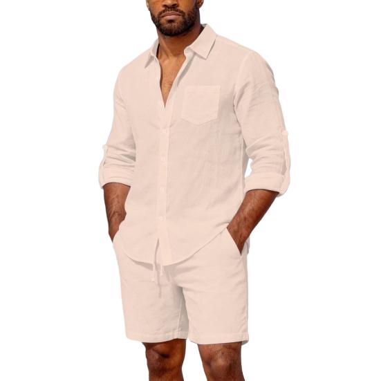 2 st/set Damtoppar och Shorts Set Lapel Långärmad Enkelknäppt Skjorttoppar Elastiska Mellanhöga Shorts Set Casual Tvådelat Set Strandkläder