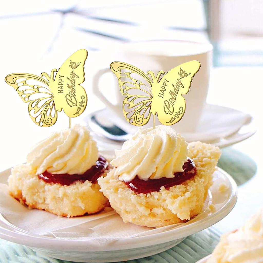 12 PCS Acrylic Happy Birthday Butterfly Cupcake Toppers for Party, Engraved Mirror Acrylic Cake Disc for DIY Cupcake Decoration