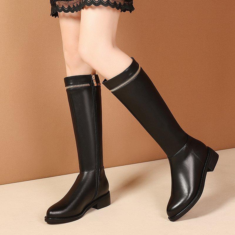 Krazing Pot Cow Leather Autumn Winter Shoes Thick Med Heels Big Size 45 Size 44 Zipper Decoration Women Keep Warm Knee Boots