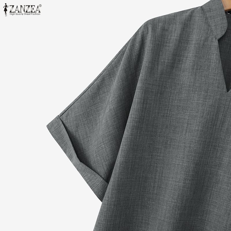 ZANZEA Women Casual V-Neck Solid Color Loose Half Sleeve Blouse