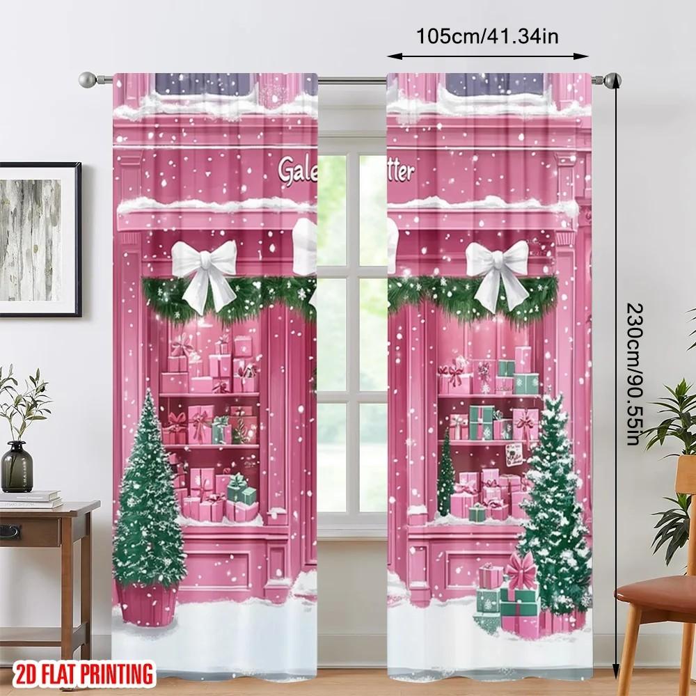 Jit 2Pcs Pink Storefront Pattern Curtains Rod Pocket Drapes For Christmas Windows Home Decor Polyester Curtain