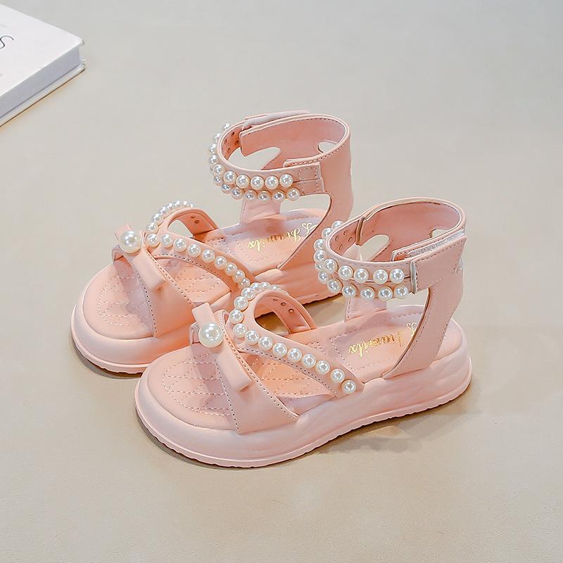 

Girls Sandals High Top Hook&loop Kids Princess Shoes Sweet Bows Beading 2025 Summer New Children Beach Shoes Open Toes Soft Sole 26 розовый
