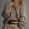 Women's V Neck Long Sleeve Cardigan Loose Fit British Elegant Knit Sweater Faux Mink Fur Top
