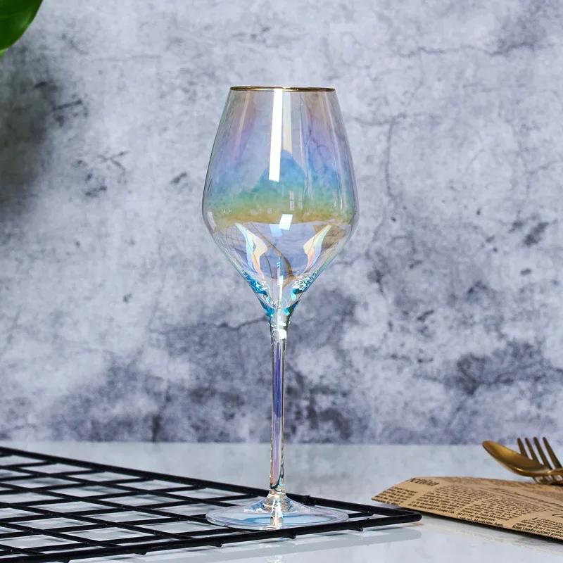 Luxusní duhové sklenice na víno s přechodem barev, Křišťálová sklenice na šampaňské, whisky, koktejly, Vysoké nožičky, Dárkové barové doplňky