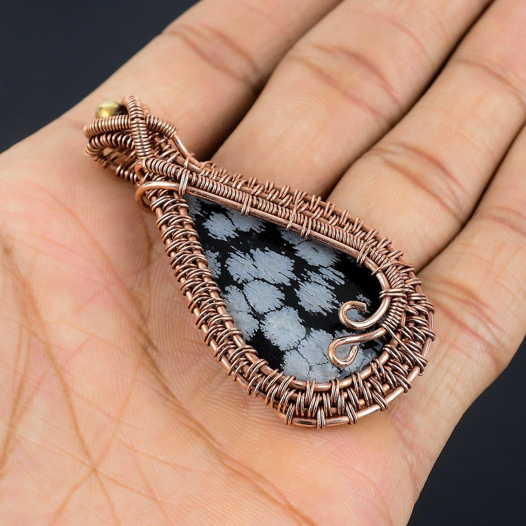 Snowflake Obsidian Pendant, 999 Copper Wire Wrapped Gemstone Handmade Dainty Jewelry Pendant, For Her