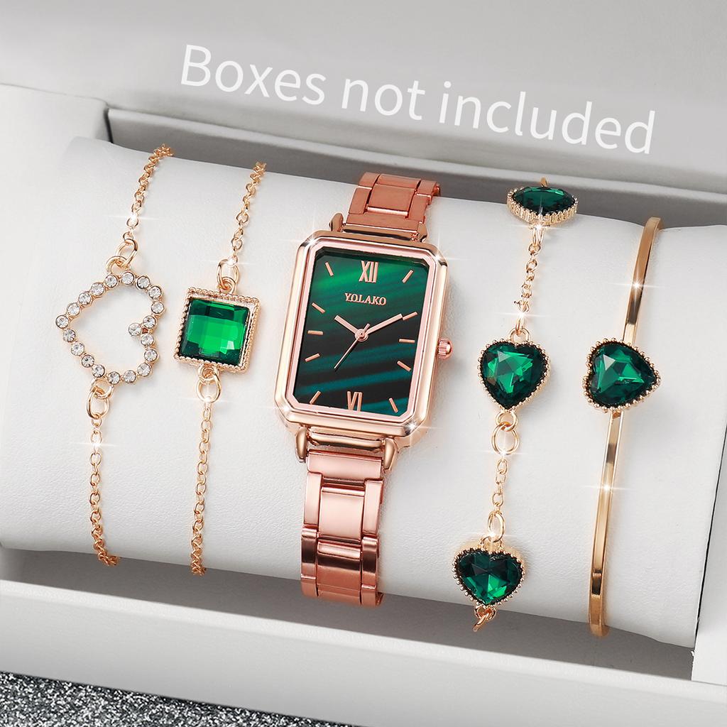 5PCs/Set Classic Women's Watch Set Fashion Stainless Steel Rectangular Dial Green Watch Bracelet Set